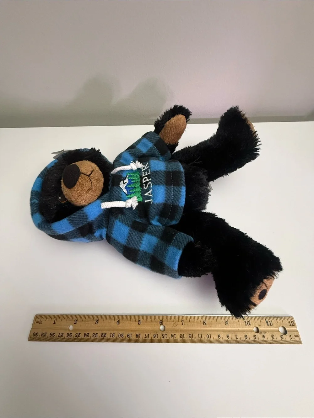 Stuffed Animal House Black Bear Plush Blue Plaid Hoodie Jasper Canada Souvenir